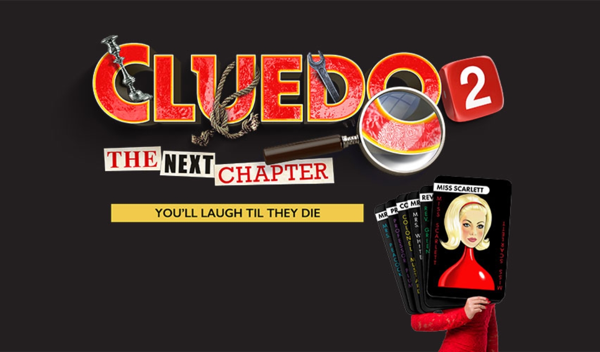 Cluedo logo with figure of woman dressed in red