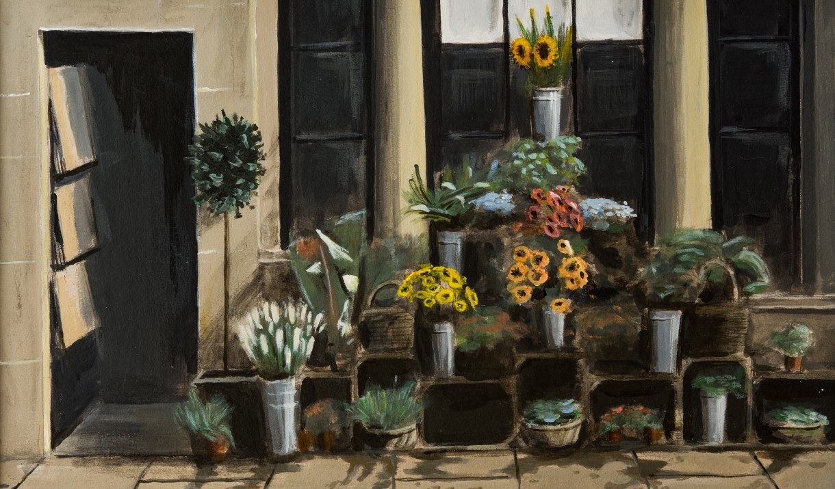 Painting of flowers in vases outside shop