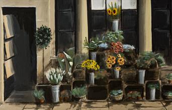 Painting of flowers in vases outside shop