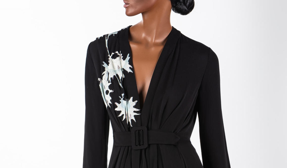 Dress of the Year 2021 - long, black triple silk georgette dress with deep front, lotus flower embroidery and matching belt from Giorgio Armani’s Spri