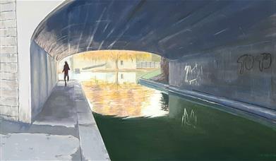 Painting of person walking through a tunnel