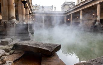 The Great Bath on a winter's morning with steam rising