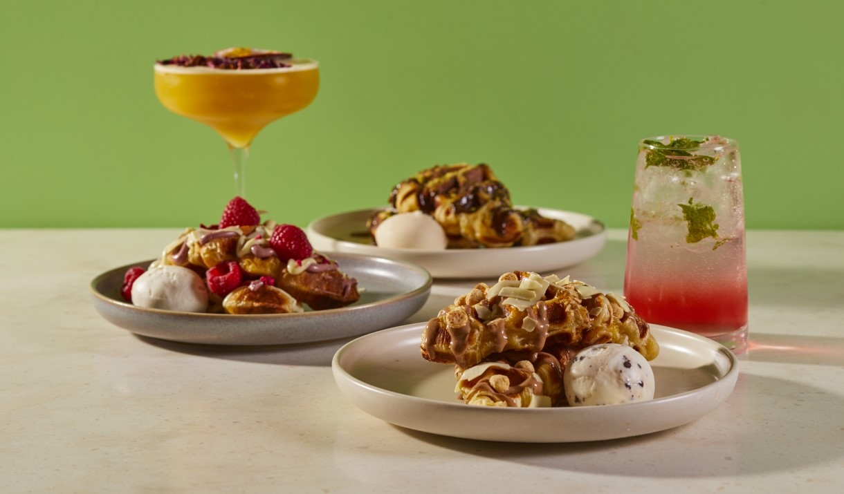 Selection of desserts and cocktails - waffles and ice cream
