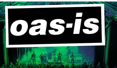 In the foreground is a black box with white border. These is a white text: oas-is. the the background is a green hued picture of the band playing in K