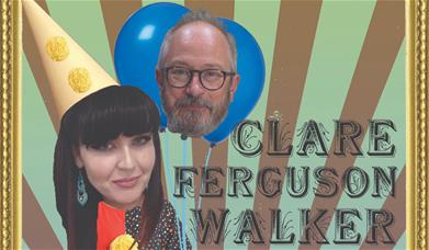 a photo edit of Clare Ferguson - Walker. She is wearing a clown hat> robin Ince's face is edited into 2 blue balloons.  