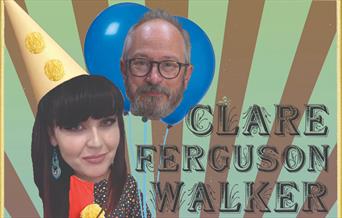 a photo edit of Clare Ferguson - Walker. She is wearing a clown hat> robin Ince's face is edited into 2 blue balloons.