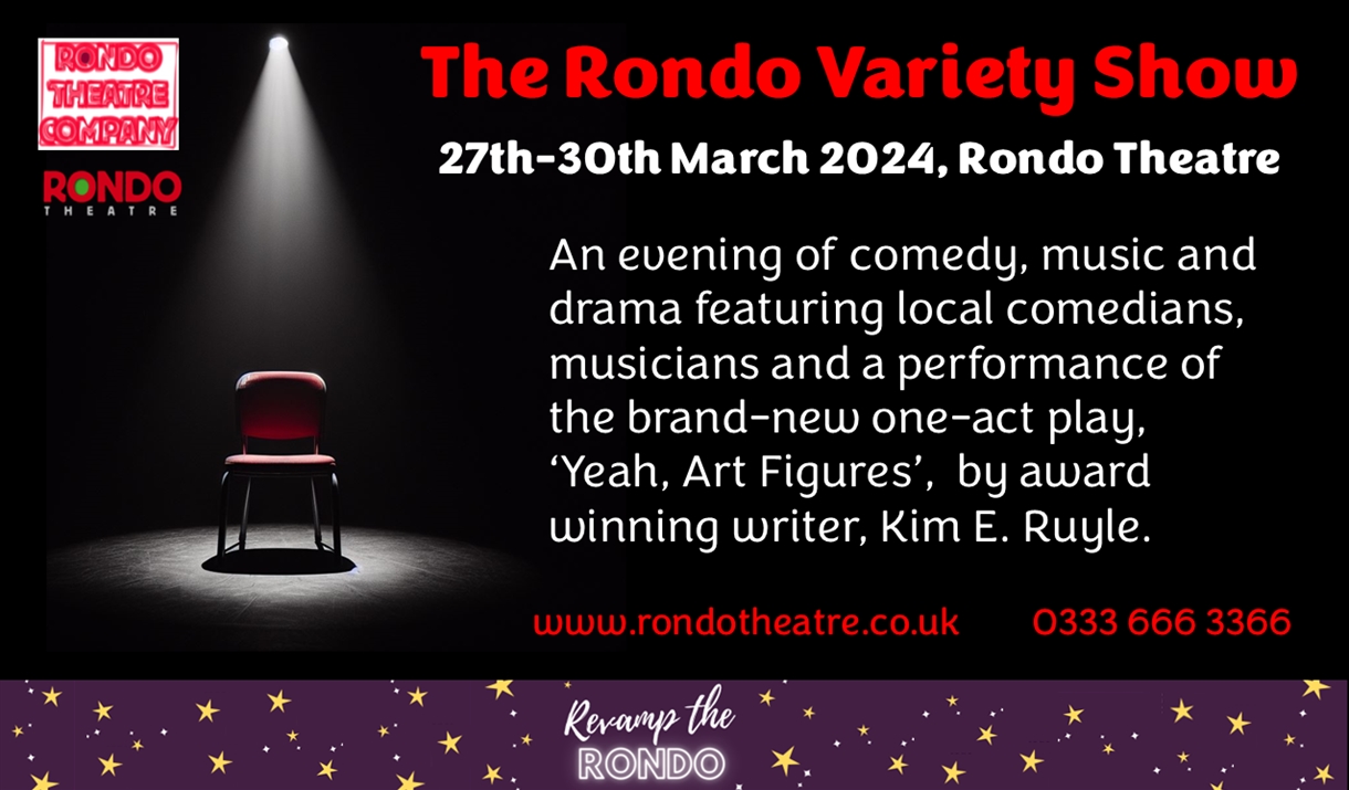 A red theatre seat lit by a spotlight against a black background with black and red text reading, 'The Rondo Variety Show, 27th-30th March 2024, Rondo