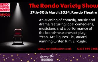 A red theatre seat lit by a spotlight against a black background with black and red text reading, 'The Rondo Variety Show, 27th-30th March 2024, Rondo