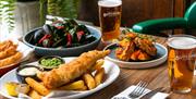 Pub dishes - fish and chips, mussels