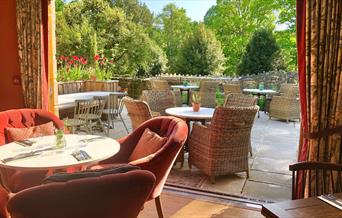 The seating area at the Iford Manor Kitchen restaurant, Wiltshire