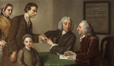An old painting of three men, a woman and a girl