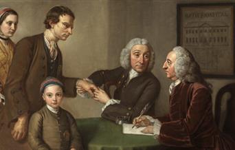 An old painting of three men, a woman and a girl