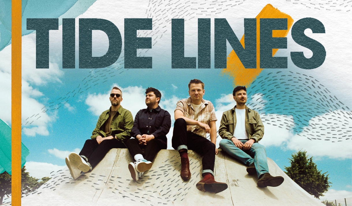 Four men sitting on a skate ramp beneath the words 'Tide Lines'