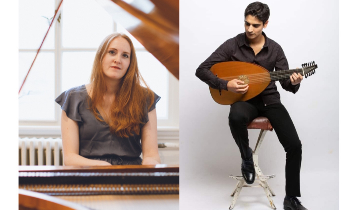 Two separate images of a female and male musician posing for the camera alongside their respective instruments