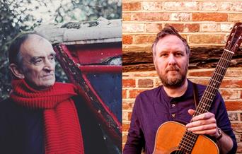 A split image with Martin Carthy on the left, looking sideways stood outside with a red scarf on. John Wick is on the right hand side with guitar in h