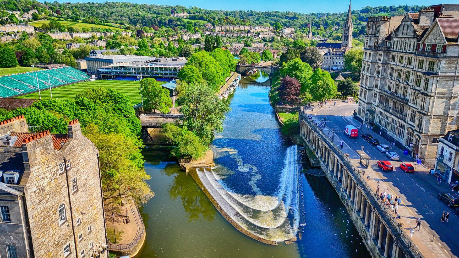 Aerial shot of Pulteney Weir in Bath, credit David Cherriman
