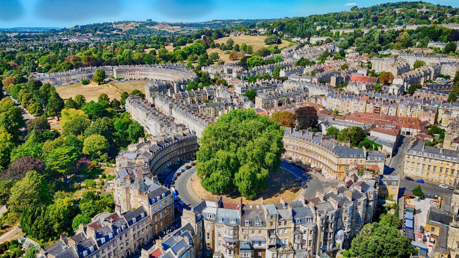 Aerial shot of The Circus in Bath CREDIT David Cherriman